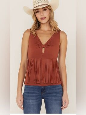 👗Idyllwild Rust Fringe Knot-Front Tank Top